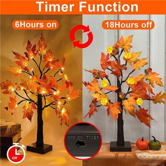 2 Pack 24" Prelit Fall Maple Tree,‎ 48 LEDs, 3D Pumpkin Lights, Battery Operated - Picture 2 of 7
